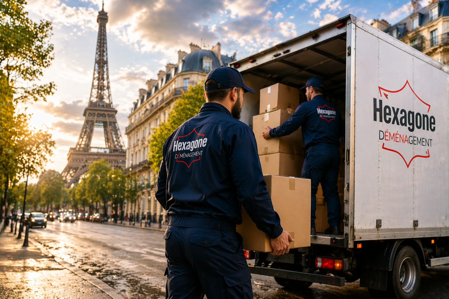 Deux déménageurs Hexagone chargent des cartons dans un camion à Paris avec la Tour Eiffel en arrière-plan
