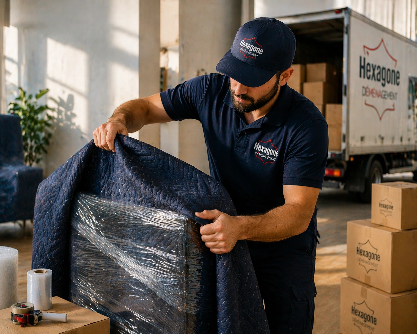 Déménageur Hexagone protégeant soigneusement un meuble avec couverture et film plastique