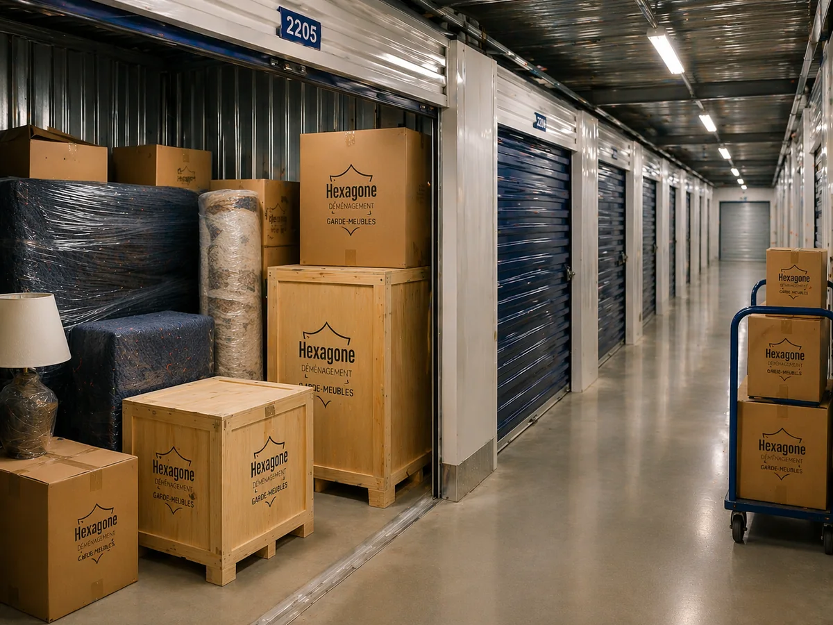 Espace de garde-meubles s&eacute;curis&eacute; avec caisses de stockage pour meubles et cartons