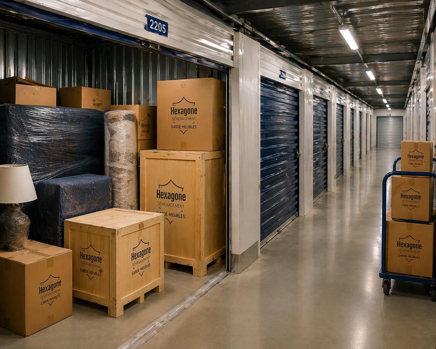 Espace de garde-meubles sécurisé avec caisses et box de stockage alignés