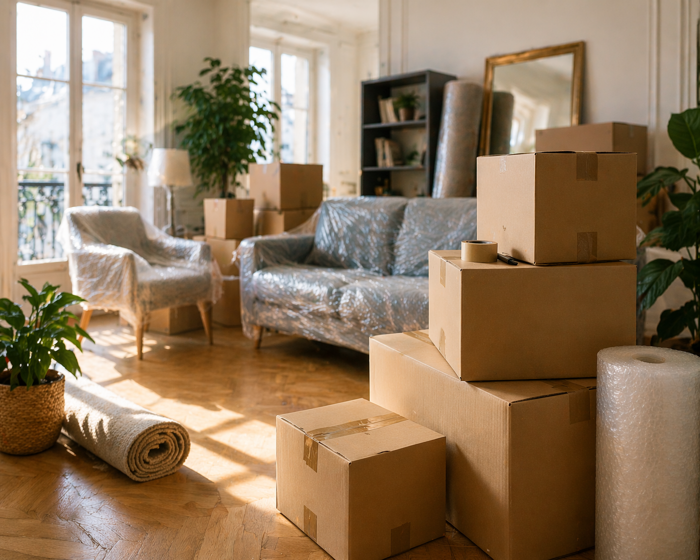 Cartons et mobilier protégé dans un appartement lumineux en cours de déménagement