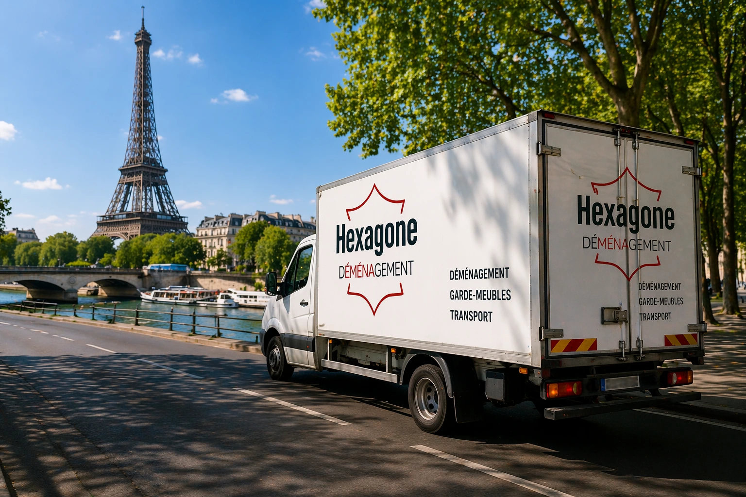 Camion Hexagone Déménagement circulant à Paris près de la Tour Eiffel